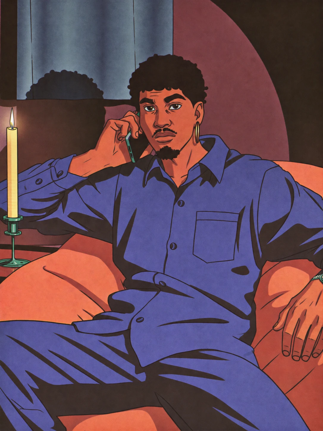 Illustration d’un personnage en tenue bleue, assis au téléphone