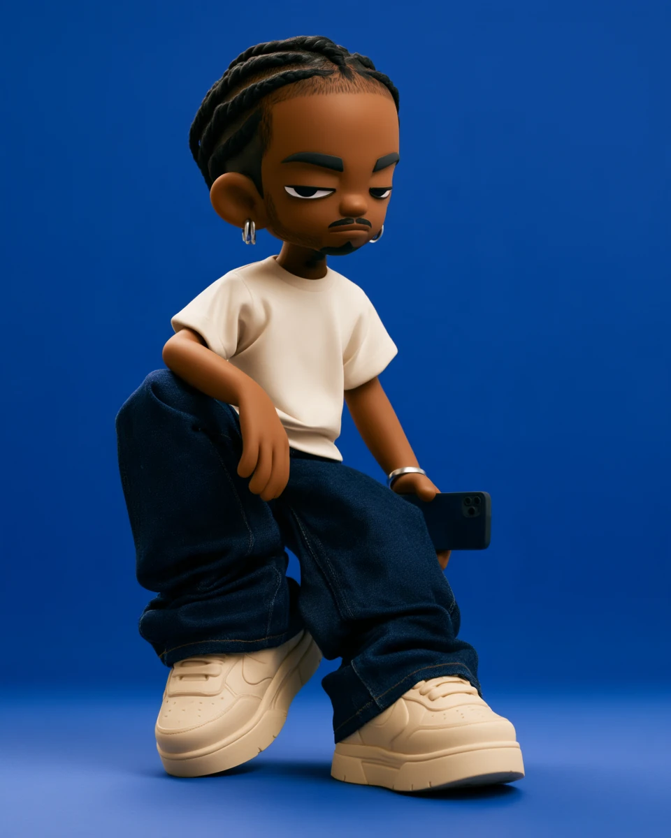 Avatar 3D de JD : tresses, boucles d’oreilles, t-shirt crème, jean ample et téléphone à la main