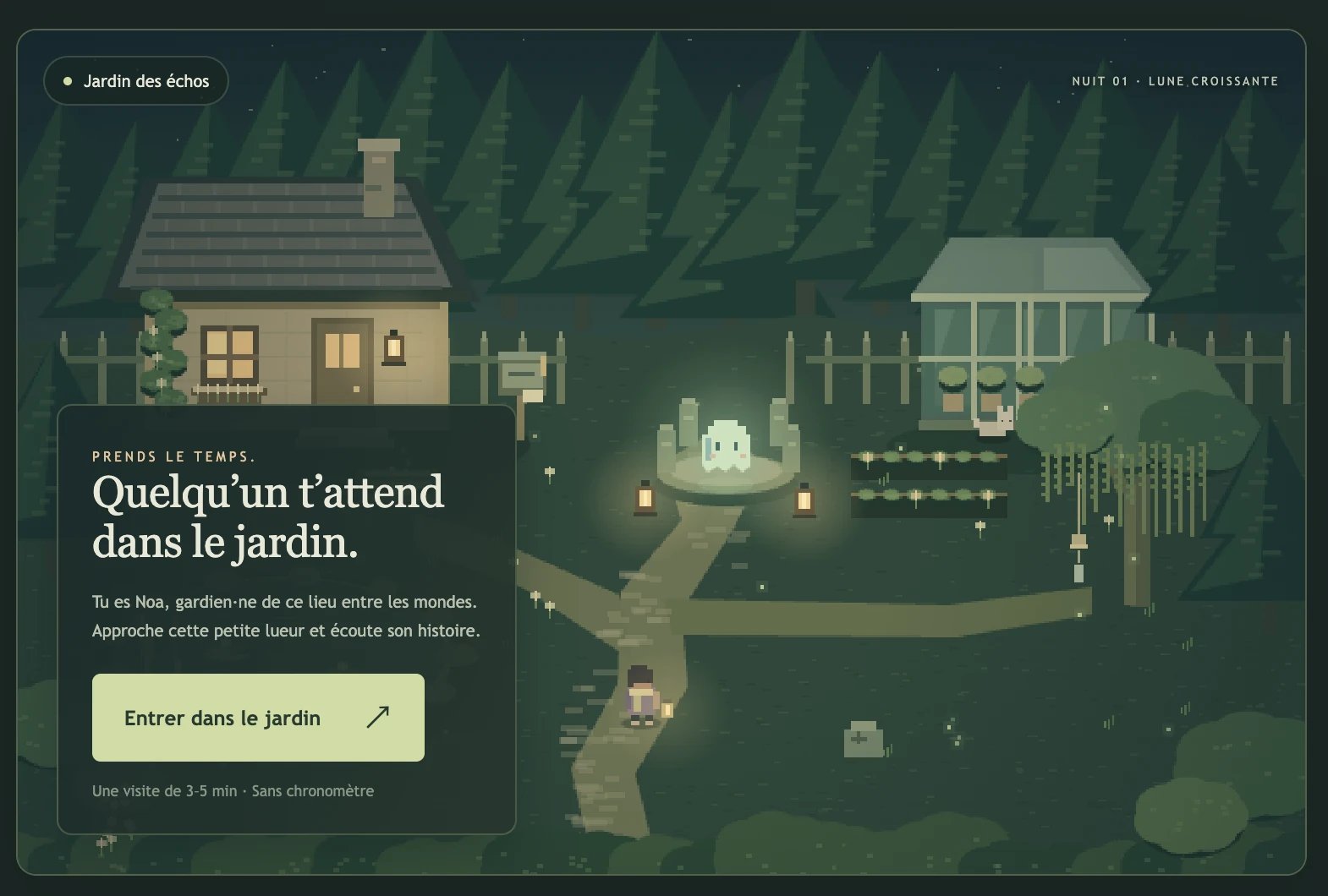 Lueur : entrée du Jardin des échos, un jardin nocturne en pixel art