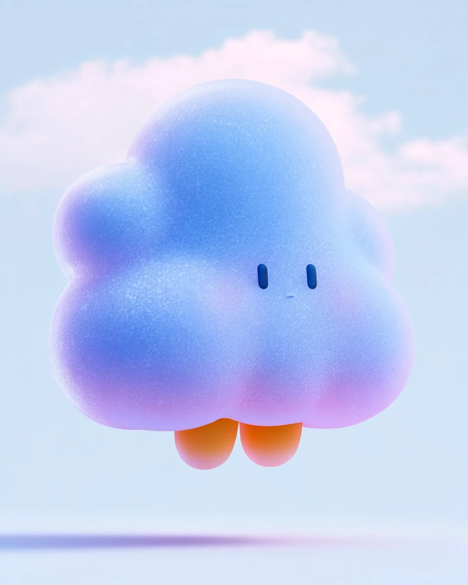 Exploration 3D : personnage nuage aux teintes bleues et roses